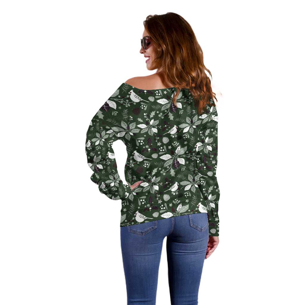 Cardinal Christmas Green Off Shoulder Sweater Xmas Pattern - Wonder Print Shop