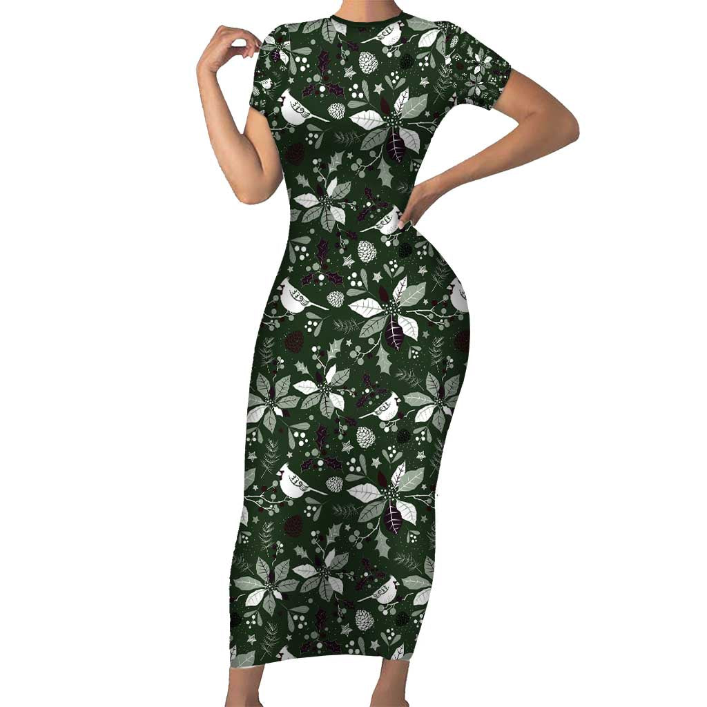 Cardinal Christmas Green Short Sleeve Bodycon Dress Xmas Pattern - Wonder Print Shop