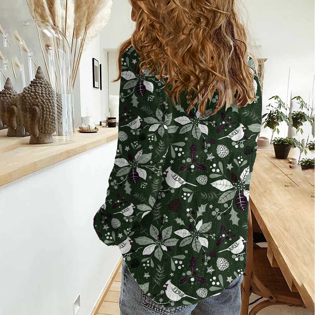 Cardinal Christmas Green Women Casual Shirt Xmas Pattern - Wonder Print Shop
