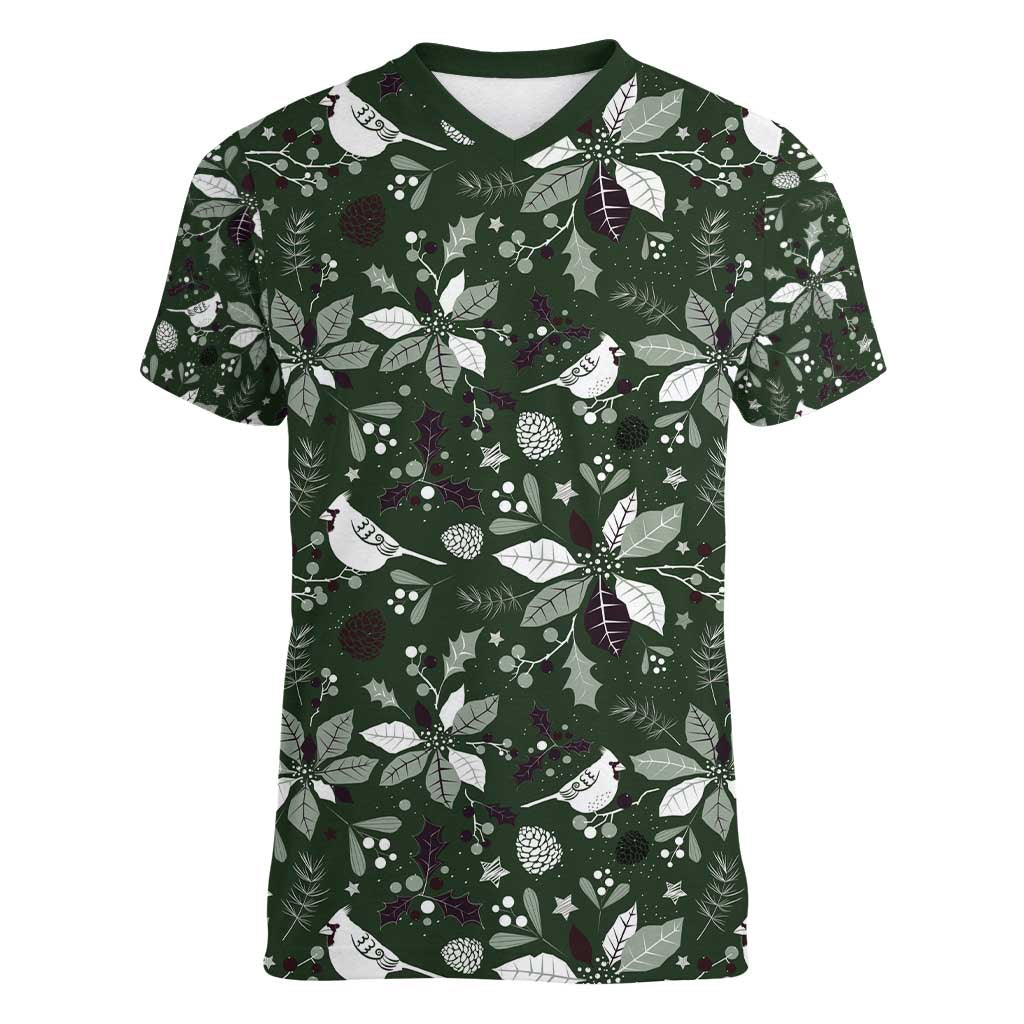 Cardinal Christmas Green Women V-Neck T-Shirt Xmas Pattern - Wonder Print Shop