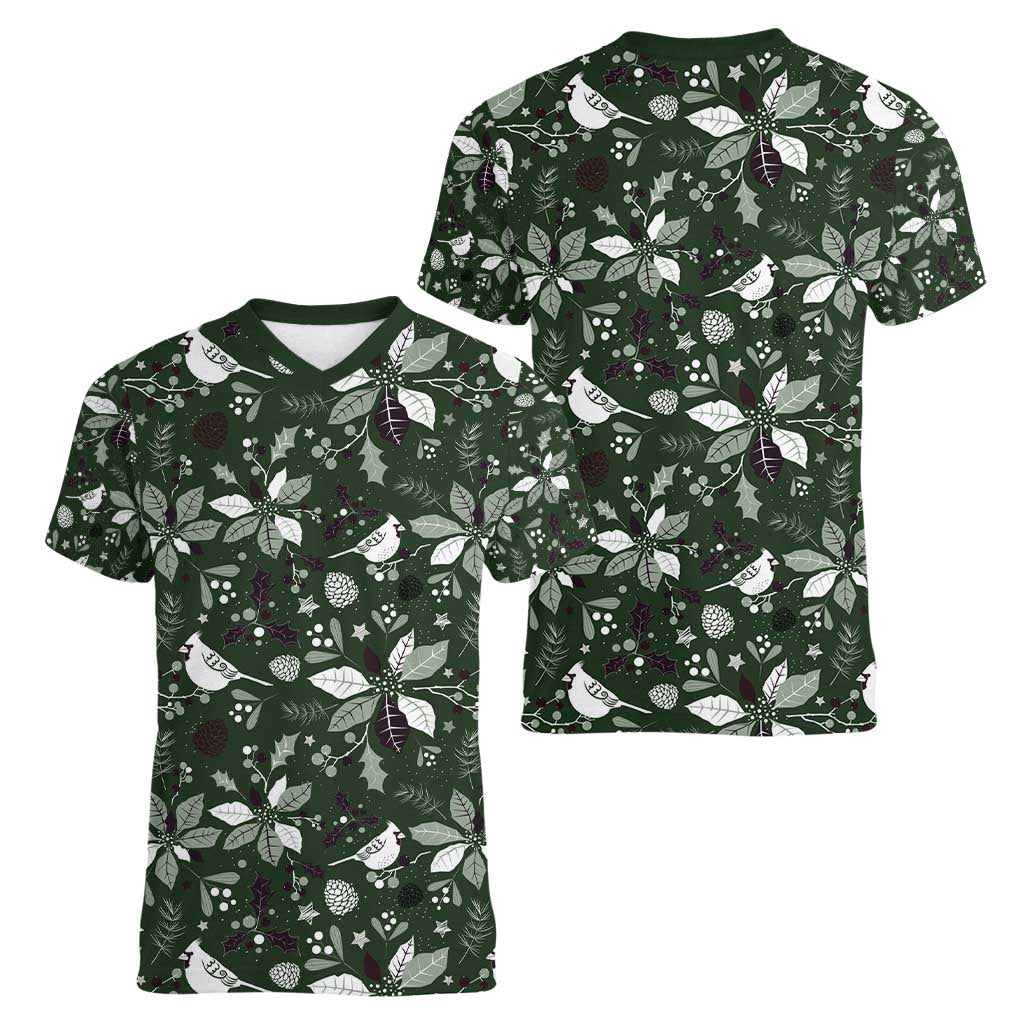 Cardinal Christmas Green Women V-Neck T-Shirt Xmas Pattern - Wonder Print Shop