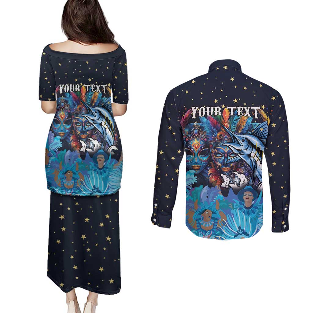 Personalized Bahamas Junkanoo Couples Matching Puletasi and Long Sleeve Button Shirt Bahamian Mask Blue Marlin - Wonder Print Shop