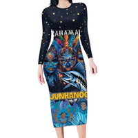 Personalized Bahamas Junkanoo Family Matching Long Sleeve Bodycon Dress and Hawaiian Shirt Bahamian Mask Blue Marlin - Wonder Print Shop