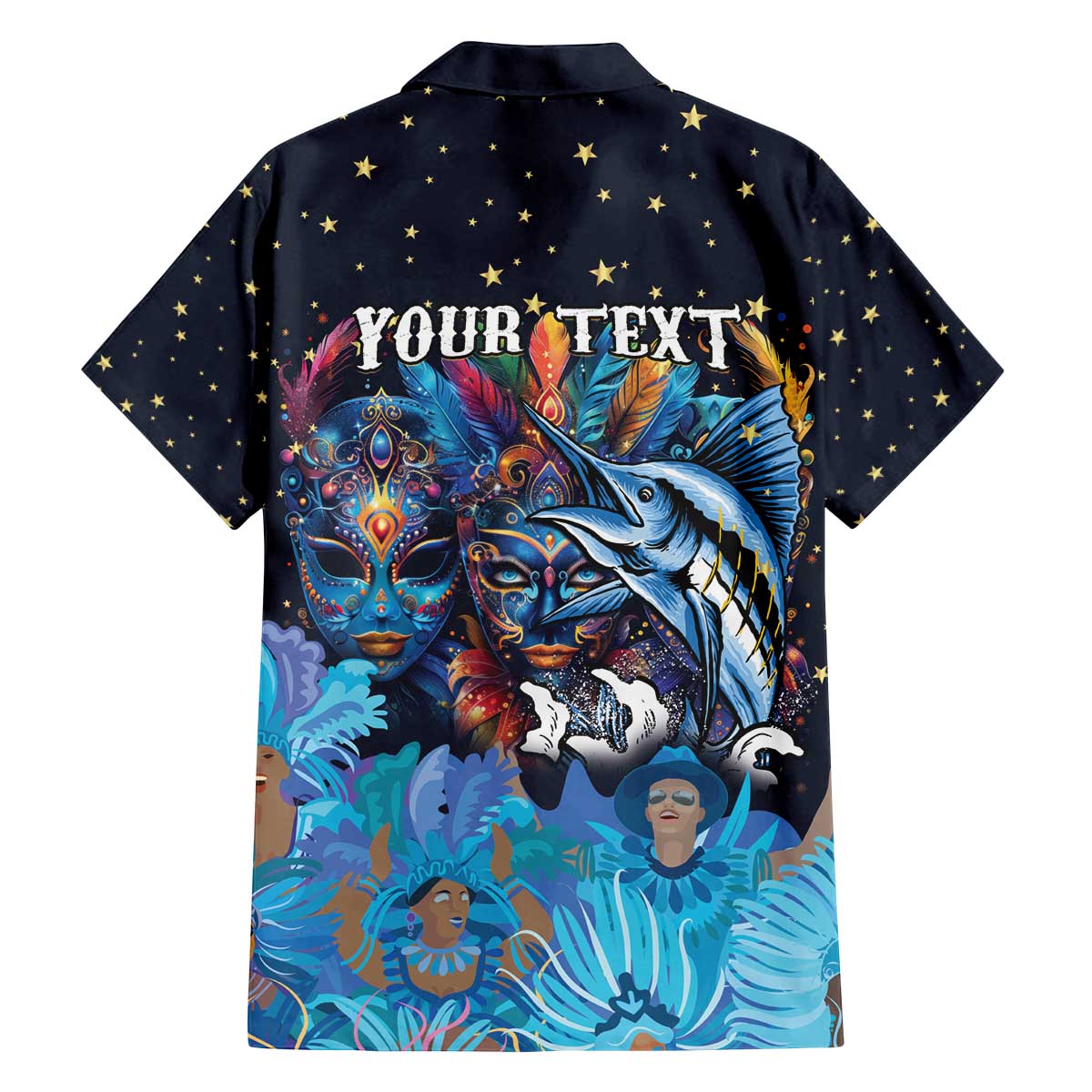 Personalized Bahamas Junkanoo Family Matching Off The Shoulder Long Sleeve Dress and Hawaiian Shirt Bahamian Mask Blue Marlin - Wonder Print Shop