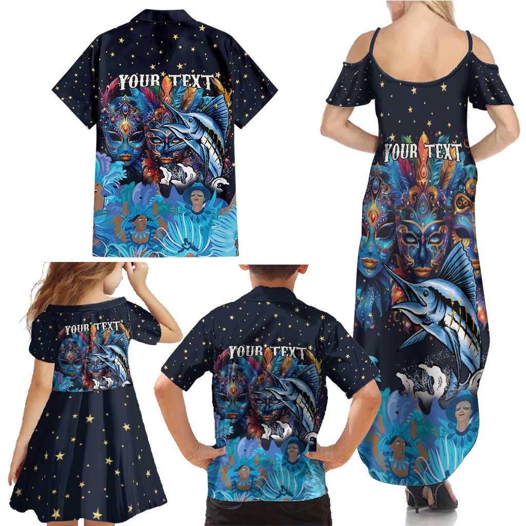 Personalized Bahamas Junkanoo Family Matching Summer Maxi Dress and Hawaiian Shirt Bahamian Mask Blue Marlin - Wonder Print Shop