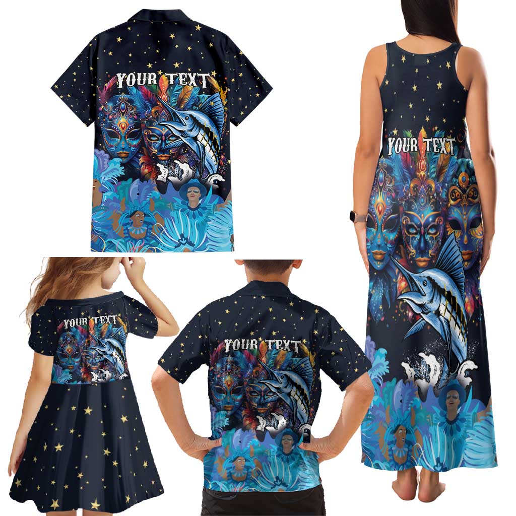 Personalized Bahamas Junkanoo Family Matching Tank Maxi Dress and Hawaiian Shirt Bahamian Mask Blue Marlin - Wonder Print Shop
