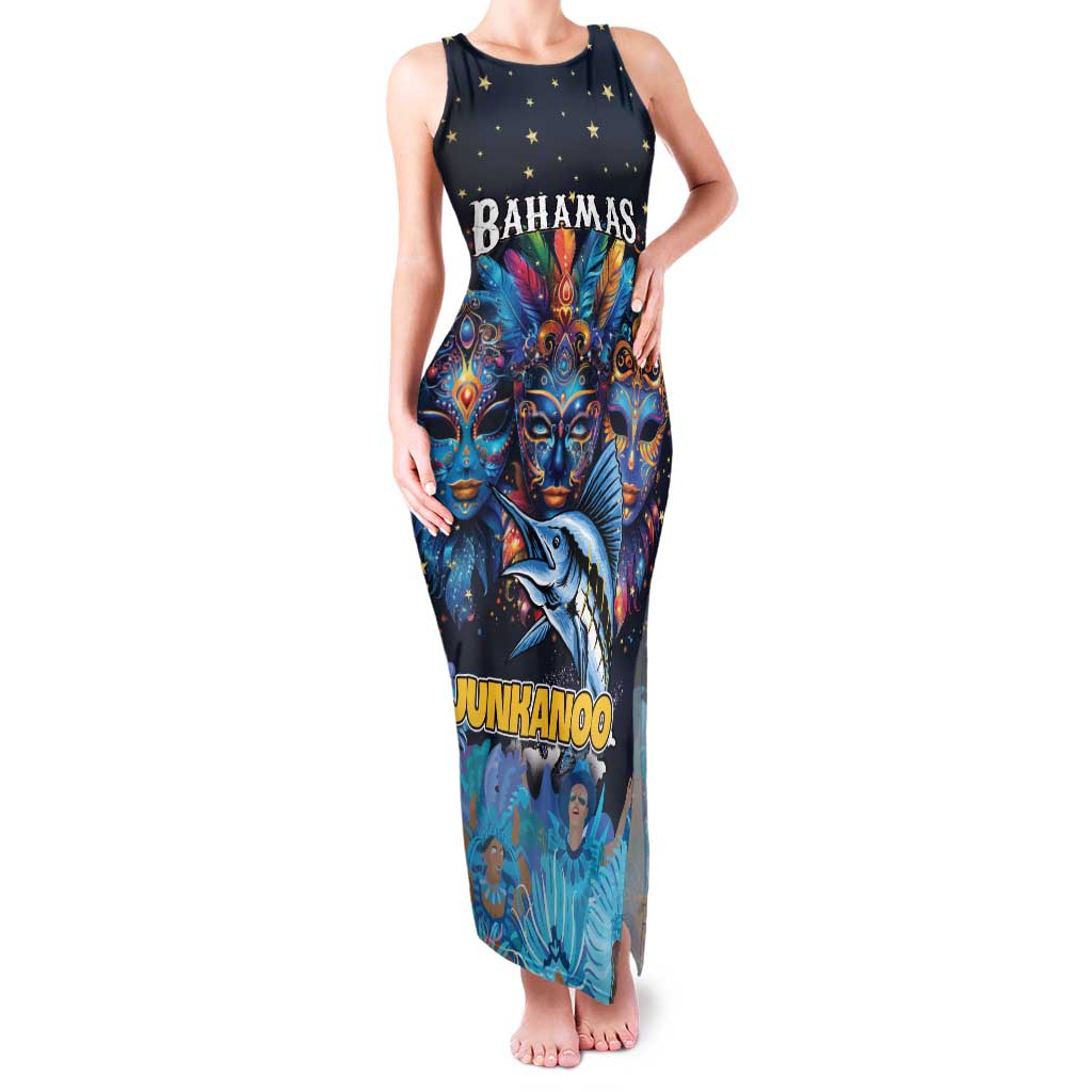Personalized Bahamas Junkanoo Family Matching Tank Maxi Dress and Hawaiian Shirt Bahamian Mask Blue Marlin - Wonder Print Shop