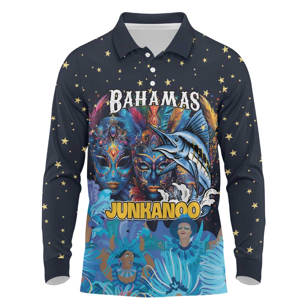 Personalized Bahamas Junkanoo Long Sleeve Polo Shirt Bahamian Mask Blue Marlin - Wonder Print Shop