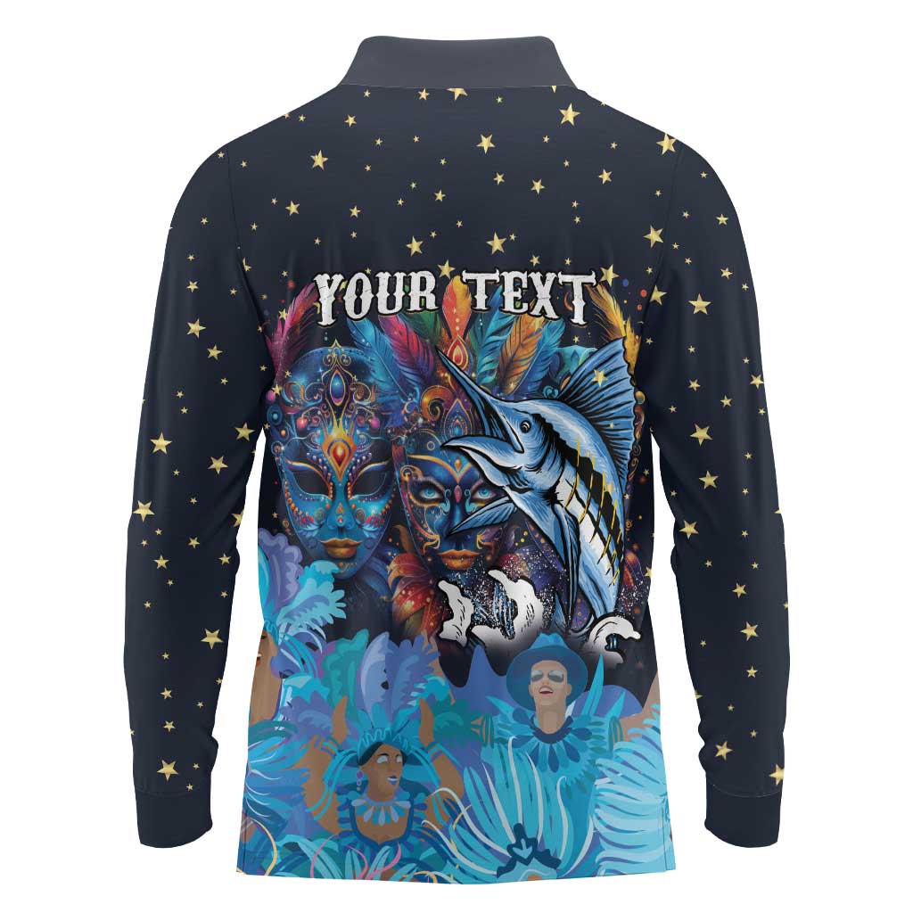 Personalized Bahamas Junkanoo Long Sleeve Polo Shirt Bahamian Mask Blue Marlin - Wonder Print Shop