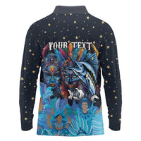 Personalized Bahamas Junkanoo Long Sleeve Polo Shirt Bahamian Mask Blue Marlin - Wonder Print Shop