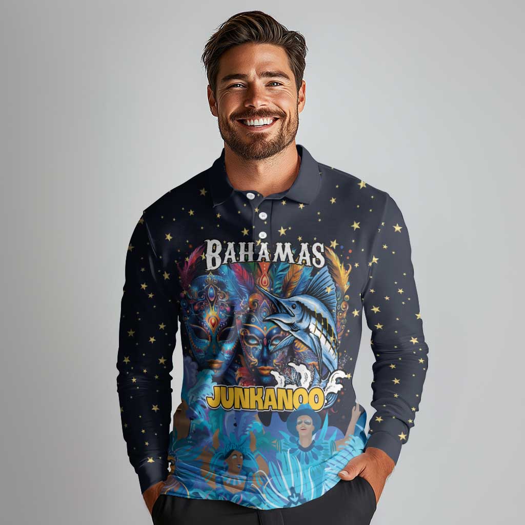 Personalized Bahamas Junkanoo Long Sleeve Polo Shirt Bahamian Mask Blue Marlin - Wonder Print Shop