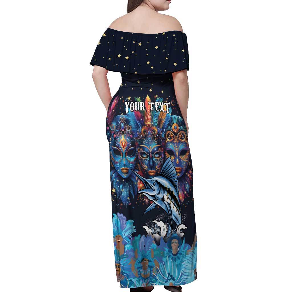 Personalized Bahamas Junkanoo Off Shoulder Maxi Dress Bahamian Mask Blue Marlin - Wonder Print Shop