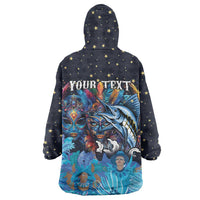 Personalized Bahamas Junkanoo Wearable Blanket Hoodie Bahamian Mask Blue Marlin - Wonder Print Shop