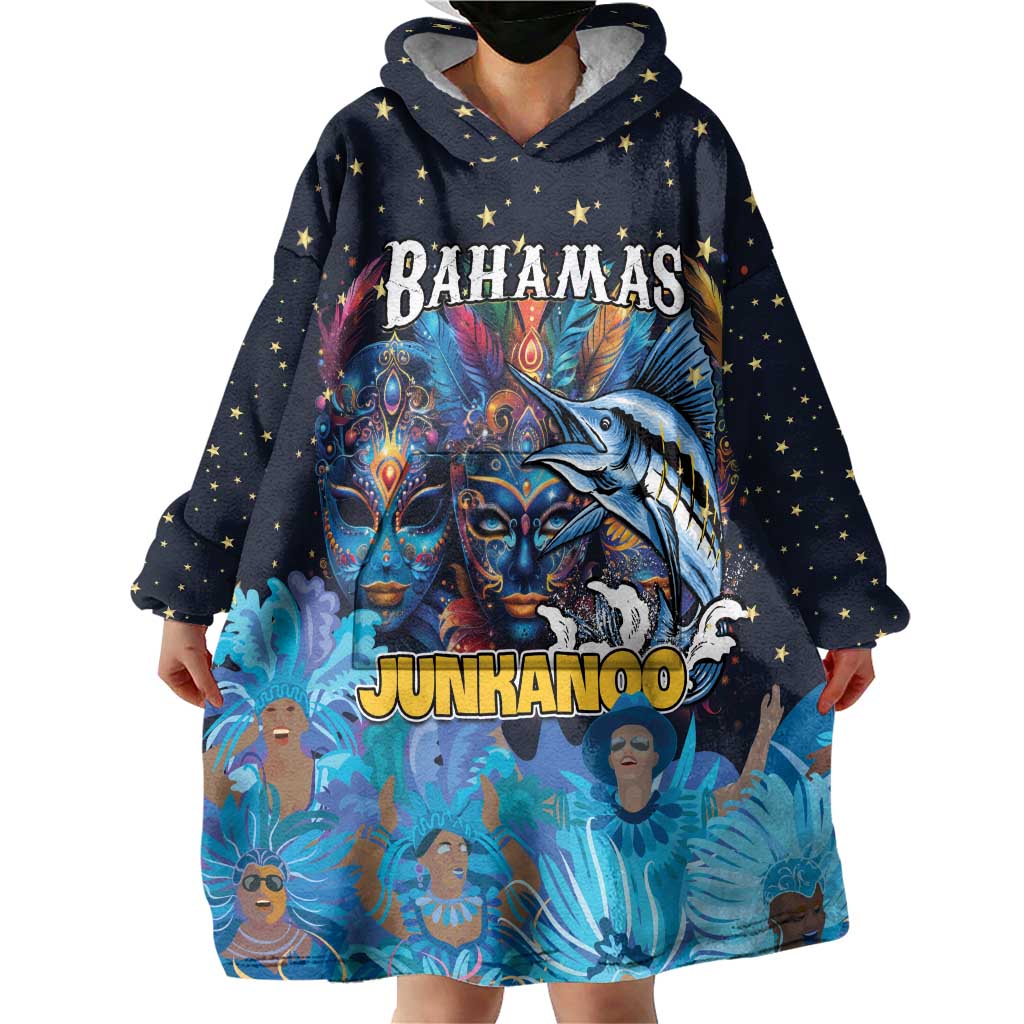 Personalized Bahamas Junkanoo Wearable Blanket Hoodie Bahamian Mask Blue Marlin - Wonder Print Shop