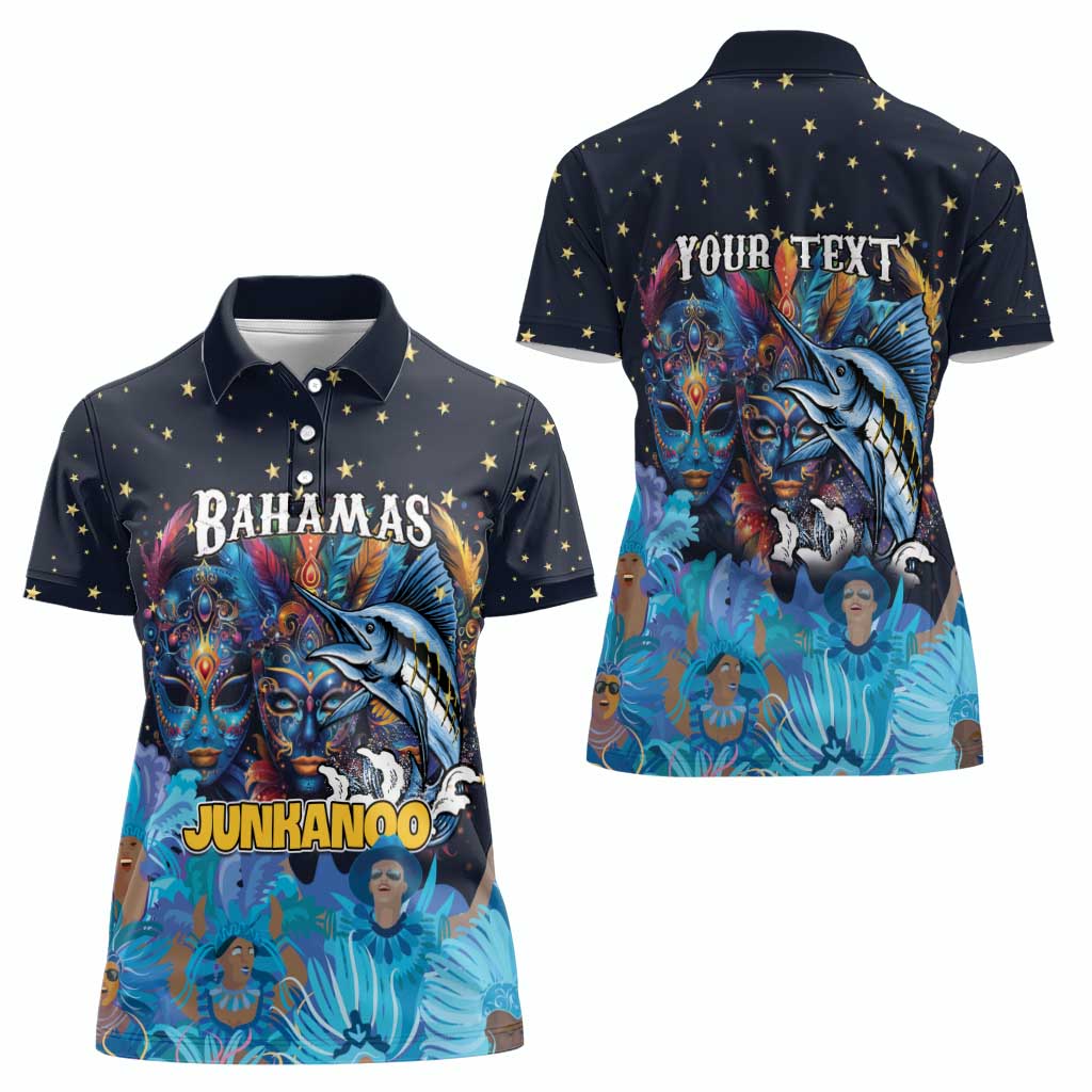 Personalized Bahamas Junkanoo Women Polo Shirt Bahamian Mask Blue Marlin - Wonder Print Shop