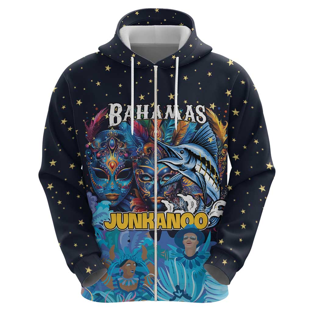 Personalized Bahamas Junkanoo Zip Hoodie Bahamian Mask Blue Marlin - Wonder Print Shop