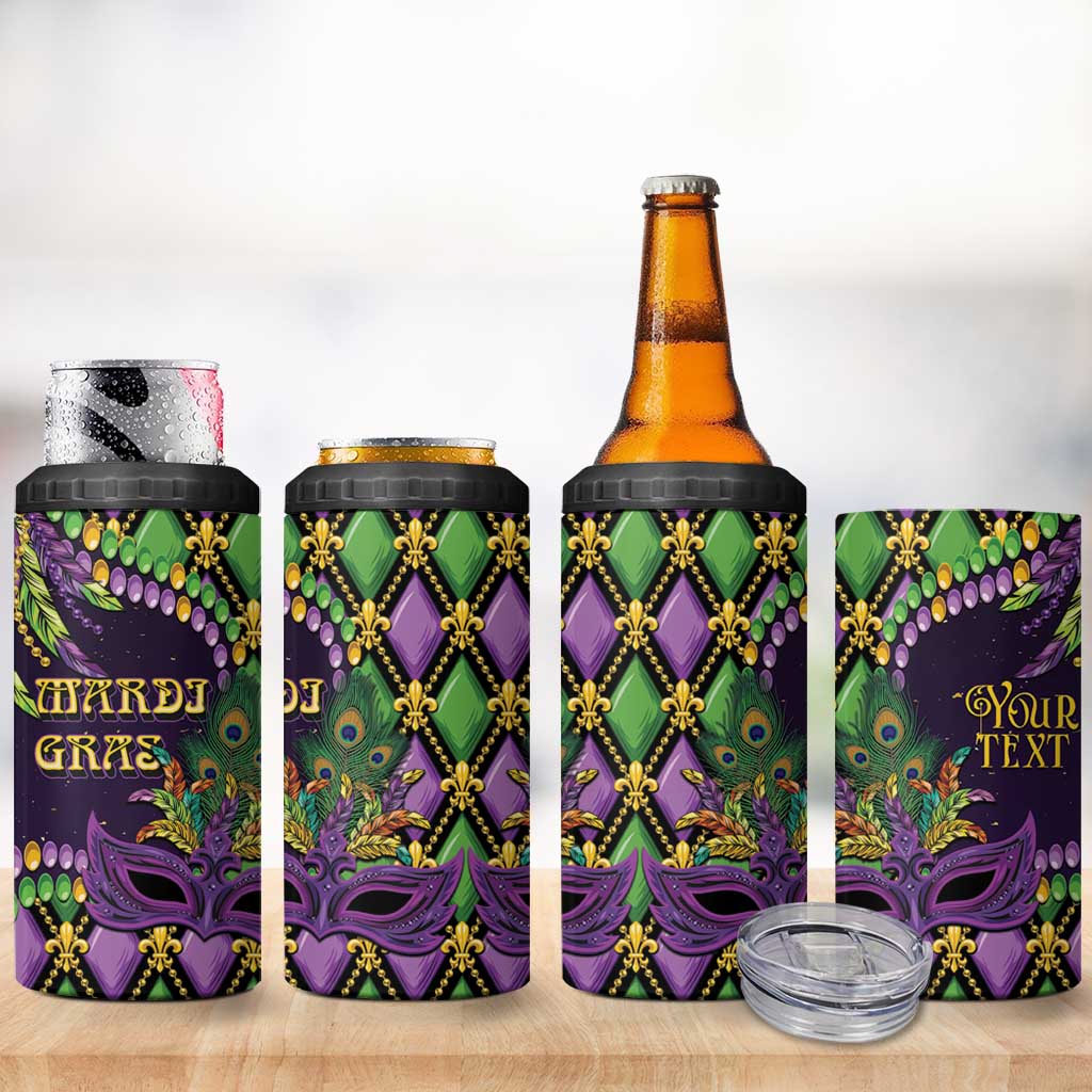 Personalized Mardi Gras 4 in 1 Can Cooler Tumbler Luxury Mask Fleur De Lis - Wonder Print Shop