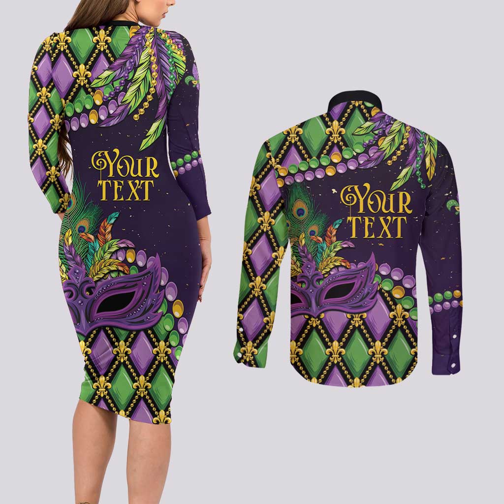Personalized Mardi Gras Couples Matching Long Sleeve Bodycon Dress and Long Sleeve Button Shirt Luxury Mask Fleur De Lis - Wonder Print Shop