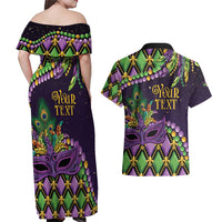 Personalized Mardi Gras Couples Matching Off Shoulder Maxi Dress and Hawaiian Shirt Luxury Mask Fleur De Lis - Wonder Print Shop