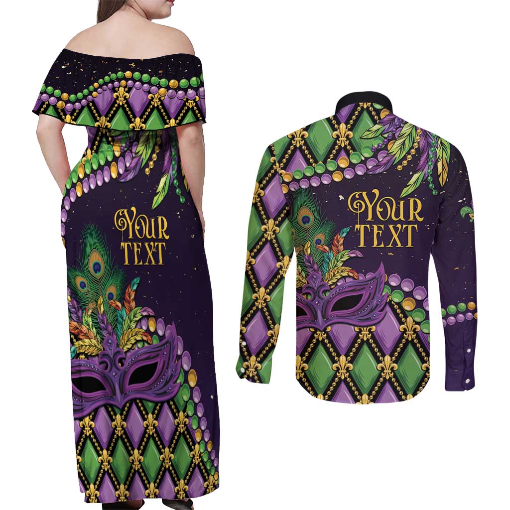 Personalized Mardi Gras Couples Matching Off Shoulder Maxi Dress and Long Sleeve Button Shirt Luxury Mask Fleur De Lis - Wonder Print Shop
