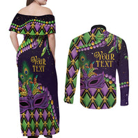 Personalized Mardi Gras Couples Matching Off Shoulder Maxi Dress and Long Sleeve Button Shirt Luxury Mask Fleur De Lis - Wonder Print Shop