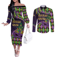 Personalized Mardi Gras Couples Matching Off The Shoulder Long Sleeve Dress and Long Sleeve Button Shirt Luxury Mask Fleur De Lis