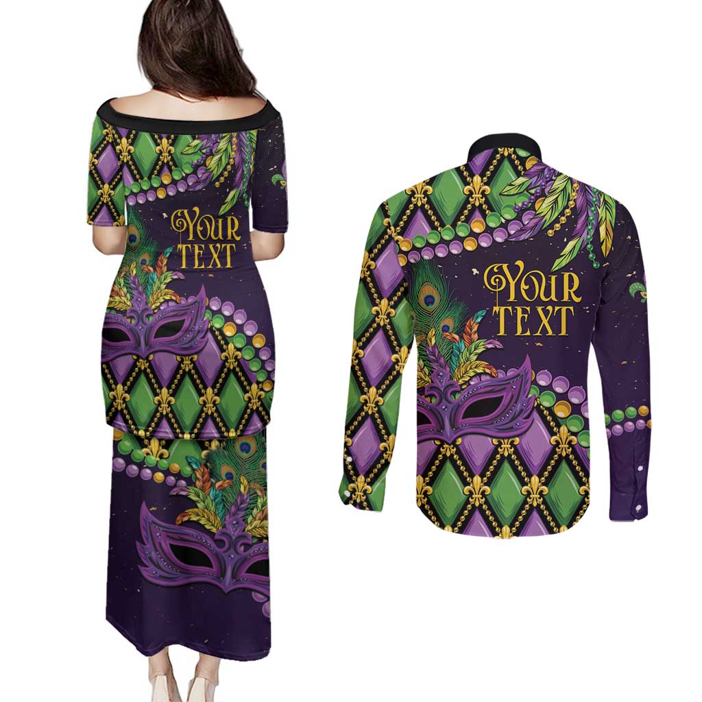 Personalized Mardi Gras Couples Matching Puletasi and Long Sleeve Button Shirt Luxury Mask Fleur De Lis - Wonder Print Shop