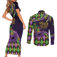 Personalized Mardi Gras Couples Matching Short Sleeve Bodycon Dress and Long Sleeve Button Shirt Luxury Mask Fleur De Lis - Wonder Print Shop