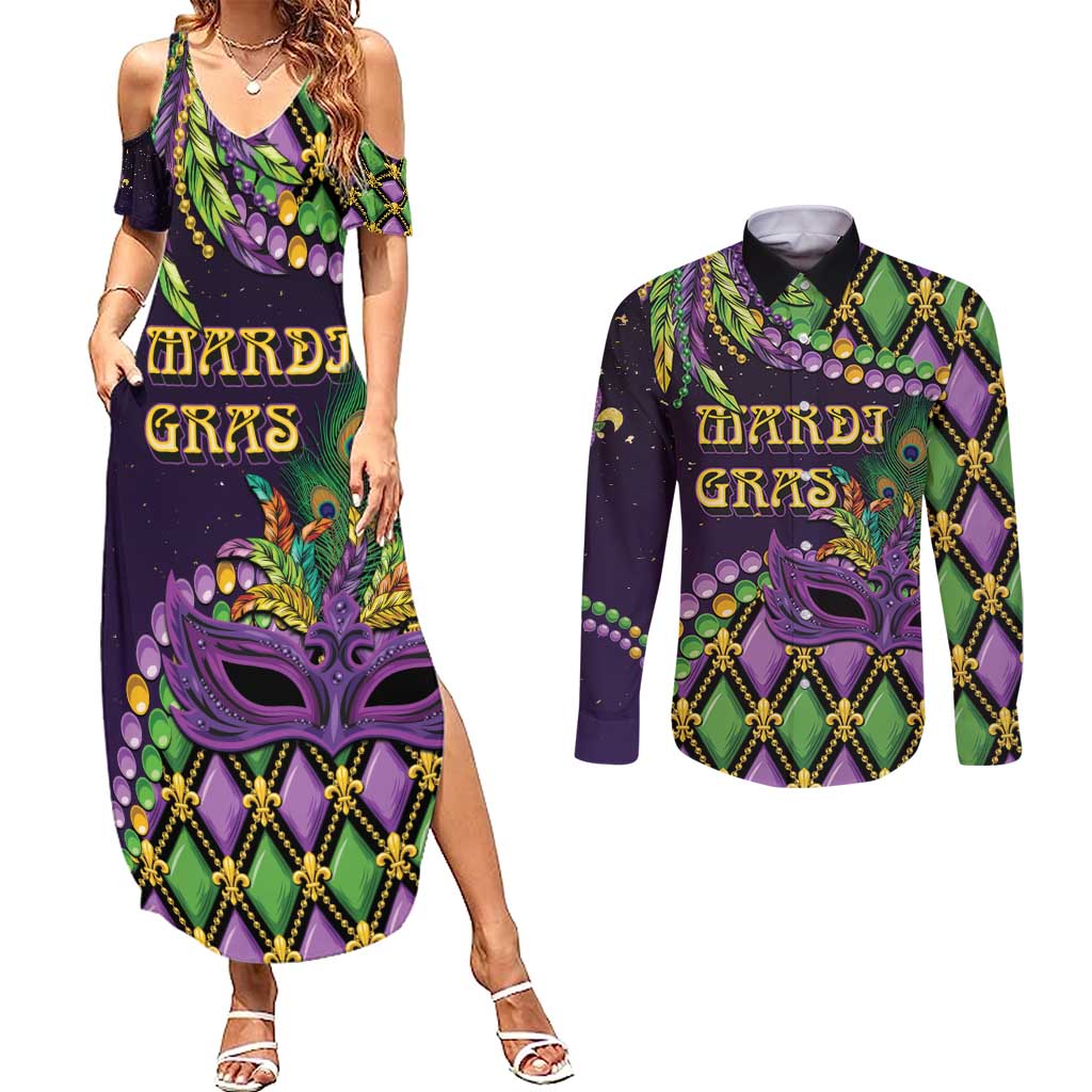 Personalized Mardi Gras Couples Matching Summer Maxi Dress and Long Sleeve Button Shirt Luxury Mask Fleur De Lis - Wonder Print Shop