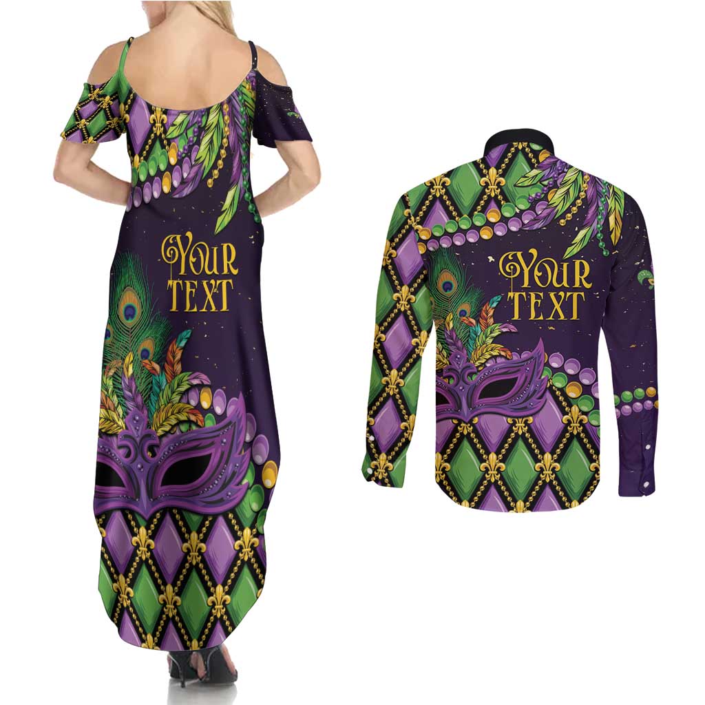 Personalized Mardi Gras Couples Matching Summer Maxi Dress and Long Sleeve Button Shirt Luxury Mask Fleur De Lis - Wonder Print Shop
