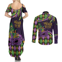 Personalized Mardi Gras Couples Matching Summer Maxi Dress and Long Sleeve Button Shirt Luxury Mask Fleur De Lis - Wonder Print Shop