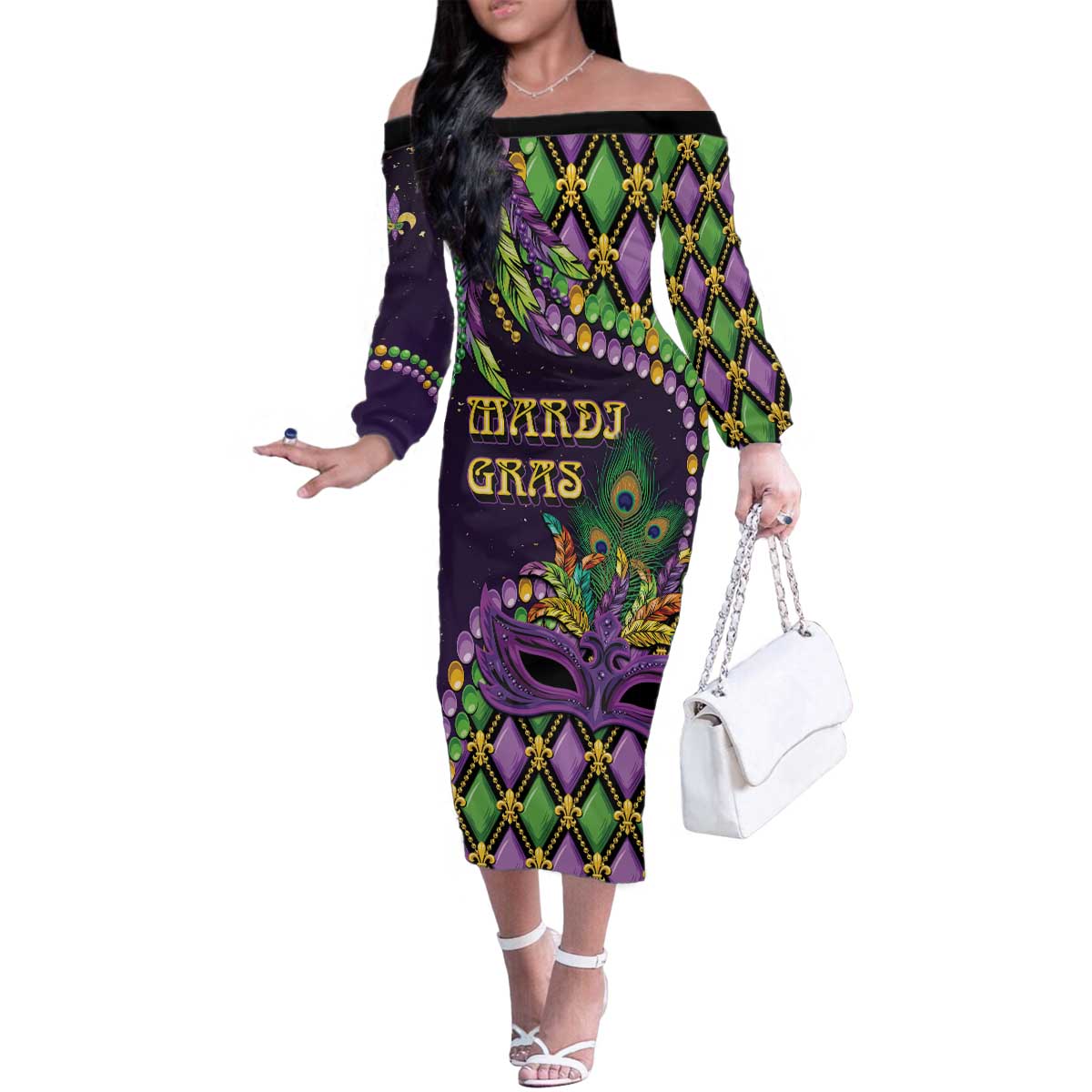 Personalized Mardi Gras Family Matching Off The Shoulder Long Sleeve Dress and Hawaiian Shirt Luxury Mask Fleur De Lis - Wonder Print Shop