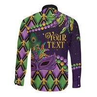 Personalized Mardi Gras Long Sleeve Button Shirt Luxury Mask Fleur De Lis - Wonder Print Shop