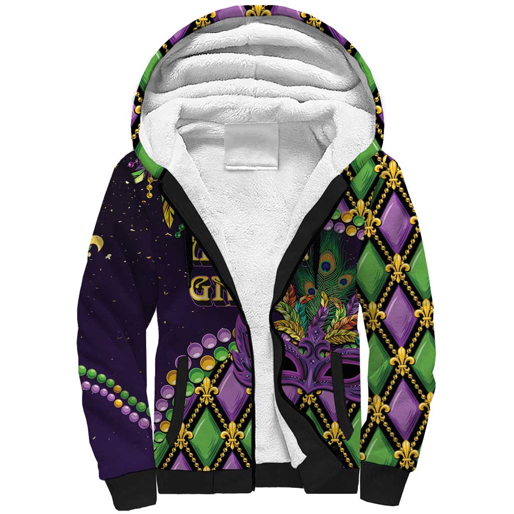 Personalized Mardi Gras Sherpa Hoodie Luxury Mask Fleur De Lis - Wonder Print Shop