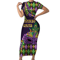 Personalized Mardi Gras Short Sleeve Bodycon Dress Luxury Mask Fleur De Lis - Wonder Print Shop