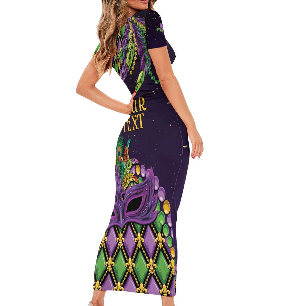 Personalized Mardi Gras Short Sleeve Bodycon Dress Luxury Mask Fleur De Lis - Wonder Print Shop