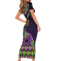 Personalized Mardi Gras Short Sleeve Bodycon Dress Luxury Mask Fleur De Lis - Wonder Print Shop