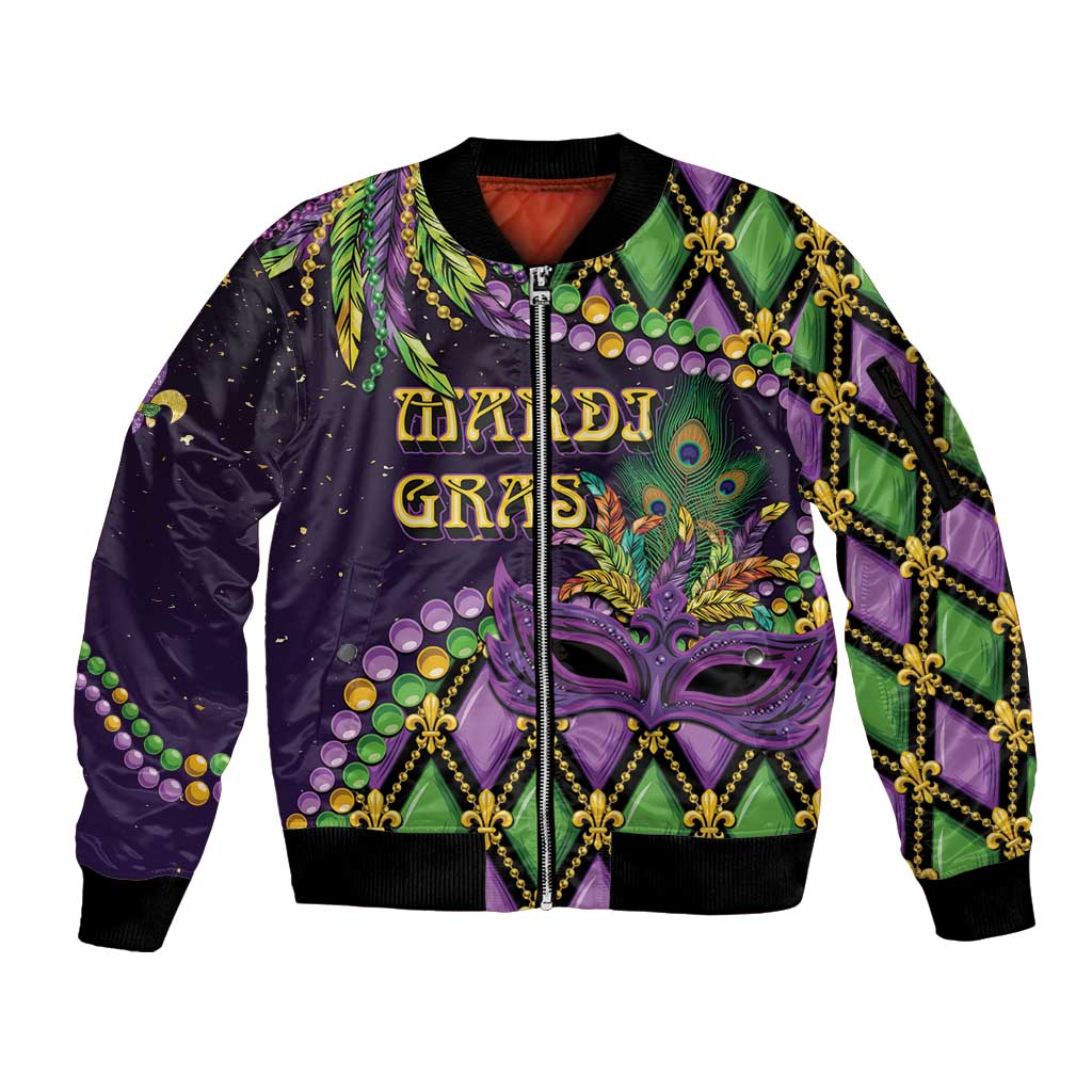 Personalized Mardi Gras Sleeve Zip Bomber Jacket Luxury Mask Fleur De Lis - Wonder Print Shop