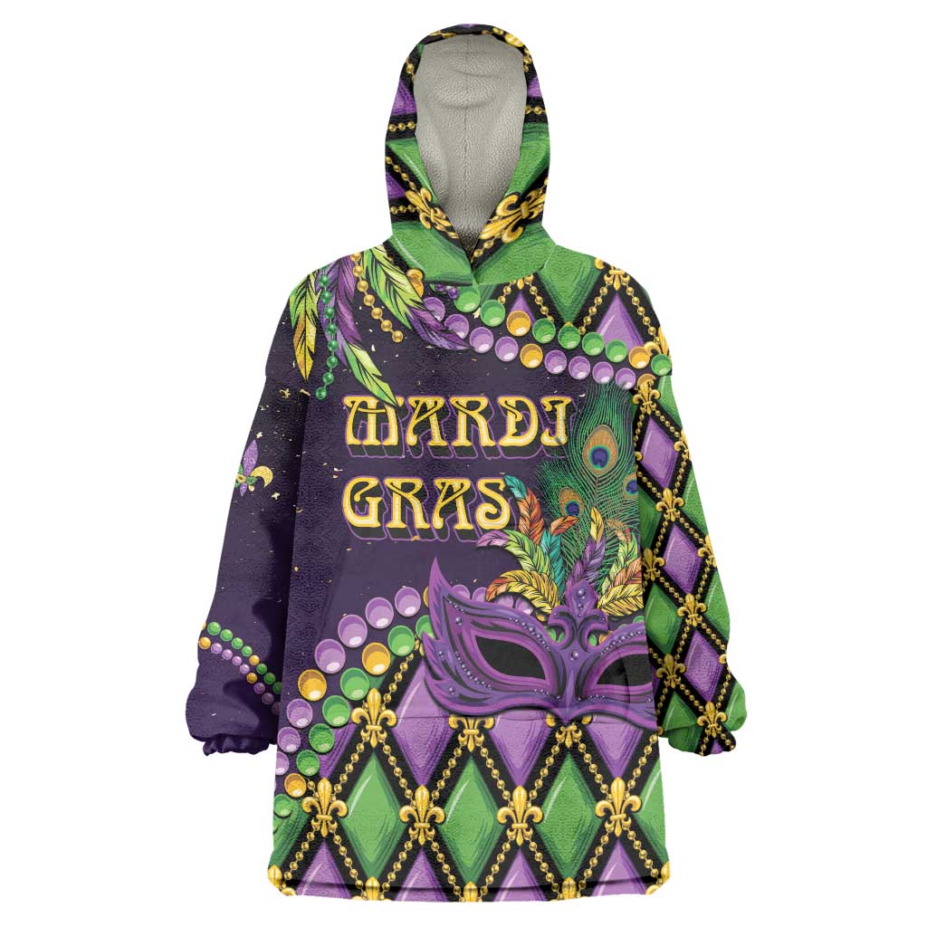 Personalized Mardi Gras Wearable Blanket Hoodie Luxury Mask Fleur De Lis - Wonder Print Shop