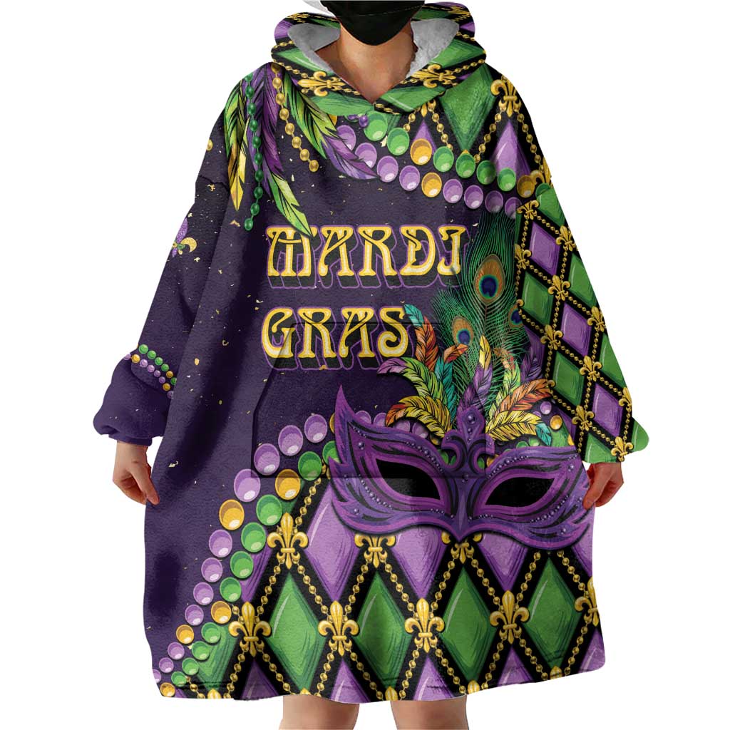 Personalized Mardi Gras Wearable Blanket Hoodie Luxury Mask Fleur De Lis - Wonder Print Shop