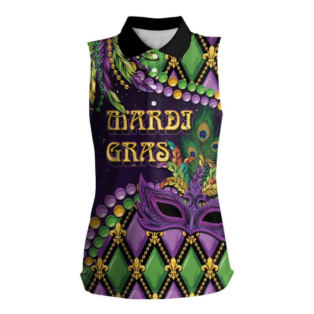 Personalized Mardi Gras Women Sleeveless Polo Shirt Luxury Mask Fleur De Lis - Wonder Print Shop