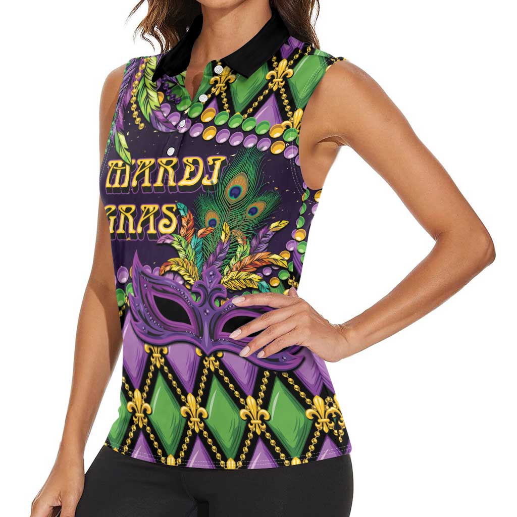 Personalized Mardi Gras Women Sleeveless Polo Shirt Luxury Mask Fleur De Lis - Wonder Print Shop