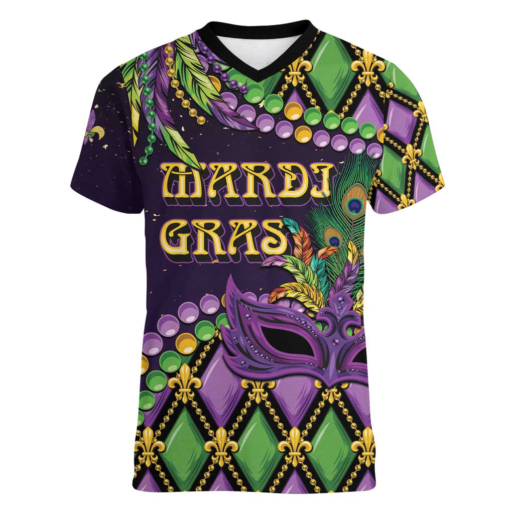 Personalized Mardi Gras Women V-Neck T-Shirt Luxury Mask Fleur De Lis - Wonder Print Shop
