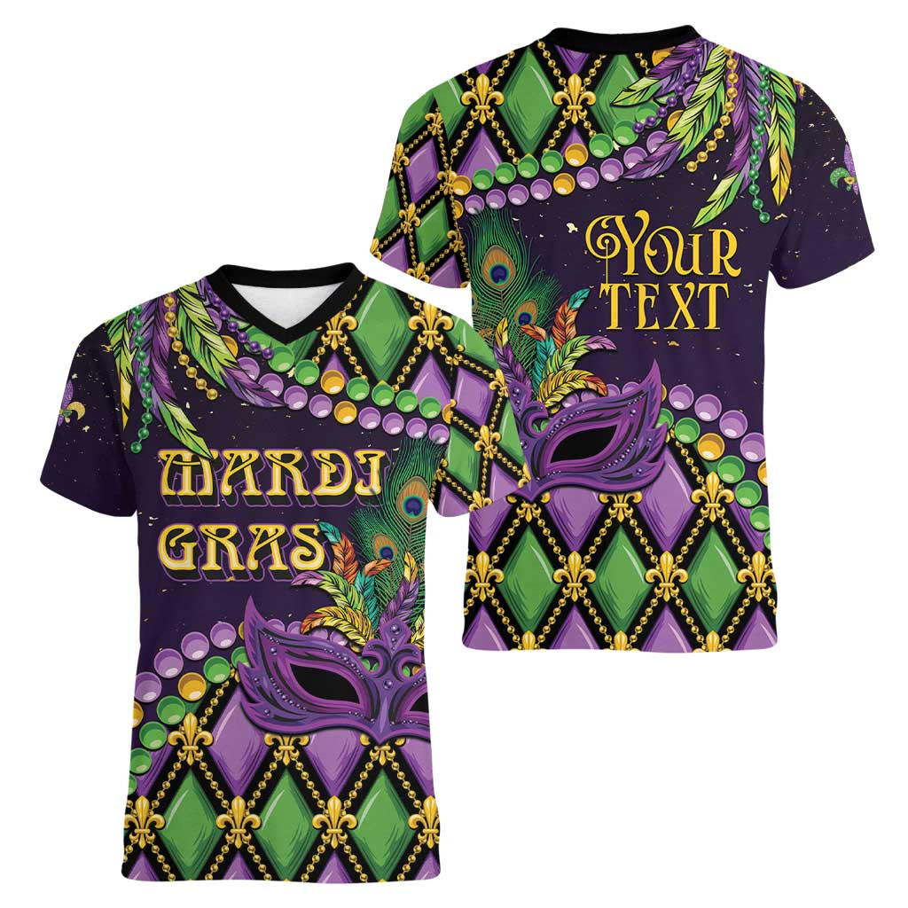 Personalized Mardi Gras Women V-Neck T-Shirt Luxury Mask Fleur De Lis - Wonder Print Shop