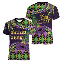 Personalized Mardi Gras Women V-Neck T-Shirt Luxury Mask Fleur De Lis - Wonder Print Shop