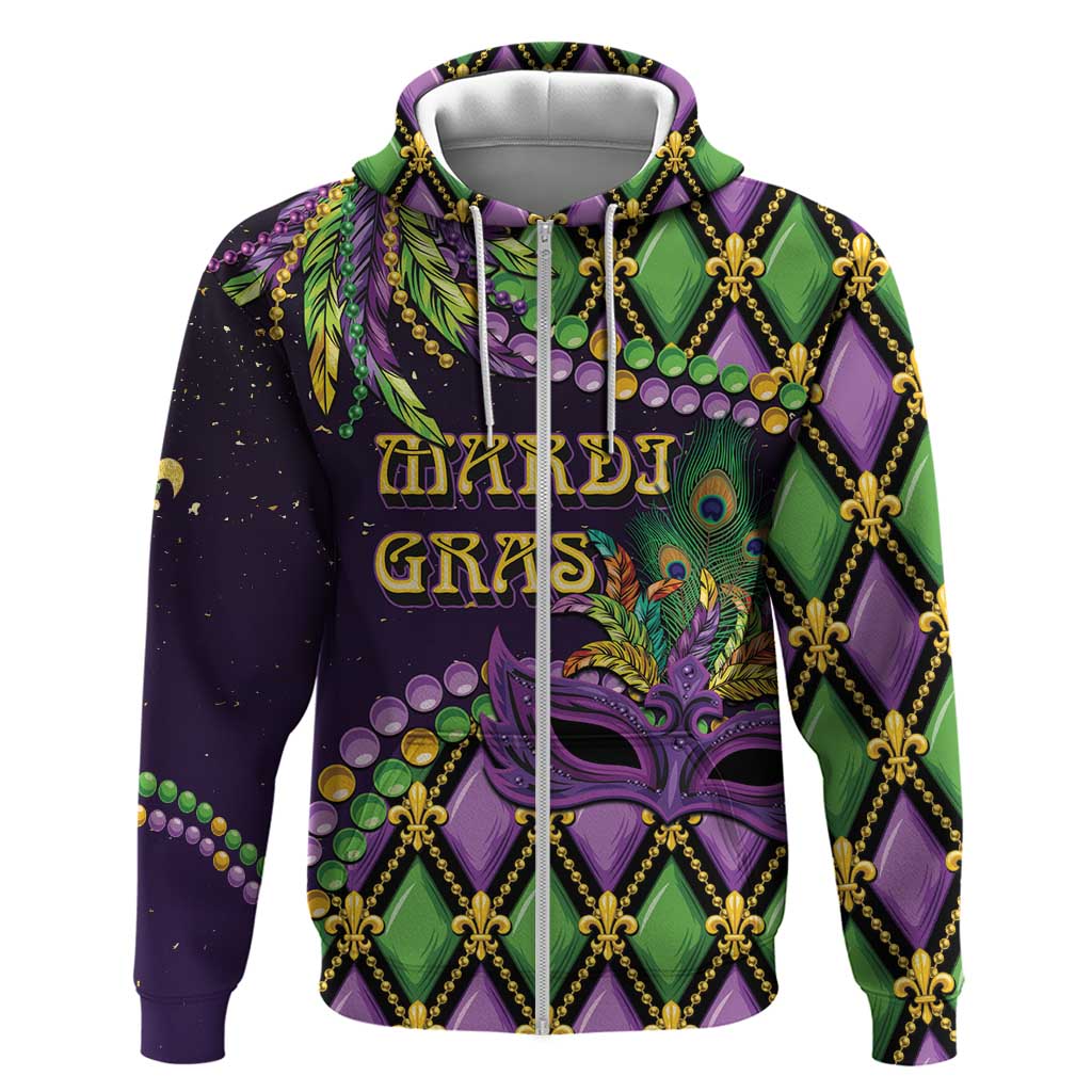 Personalized Mardi Gras Zip Hoodie Luxury Mask Fleur De Lis - Wonder Print Shop