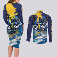 Personalized Barbados God Of The Sea Couples Matching Long Sleeve Bodycon Dress and Long Sleeve Button Shirt Bajan Flying Fish Special Version - Wonder Print Shop
