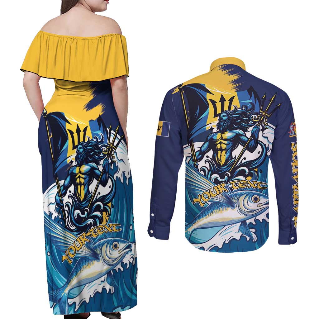 Personalized Barbados God Of The Sea Couples Matching Off Shoulder Maxi Dress and Long Sleeve Button Shirt Bajan Flying Fish Special Version - Wonder Print Shop