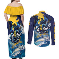 Personalized Barbados God Of The Sea Couples Matching Off Shoulder Maxi Dress and Long Sleeve Button Shirt Bajan Flying Fish Special Version - Wonder Print Shop