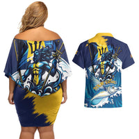 Personalized Barbados God Of The Sea Couples Matching Off Shoulder Short Dress and Hawaiian Shirt Bajan Flying Fish Special Version - Wonder Print Shop